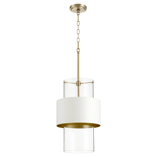 Myhouse Lighting Quorum - 8013-0880 - One Light Pendant - Glass Cylinder Drum Pendants - Aged Brass w/ Studio White