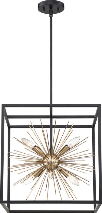 Spirefly Six Light Pendant in Matte Black / Burnished Brass