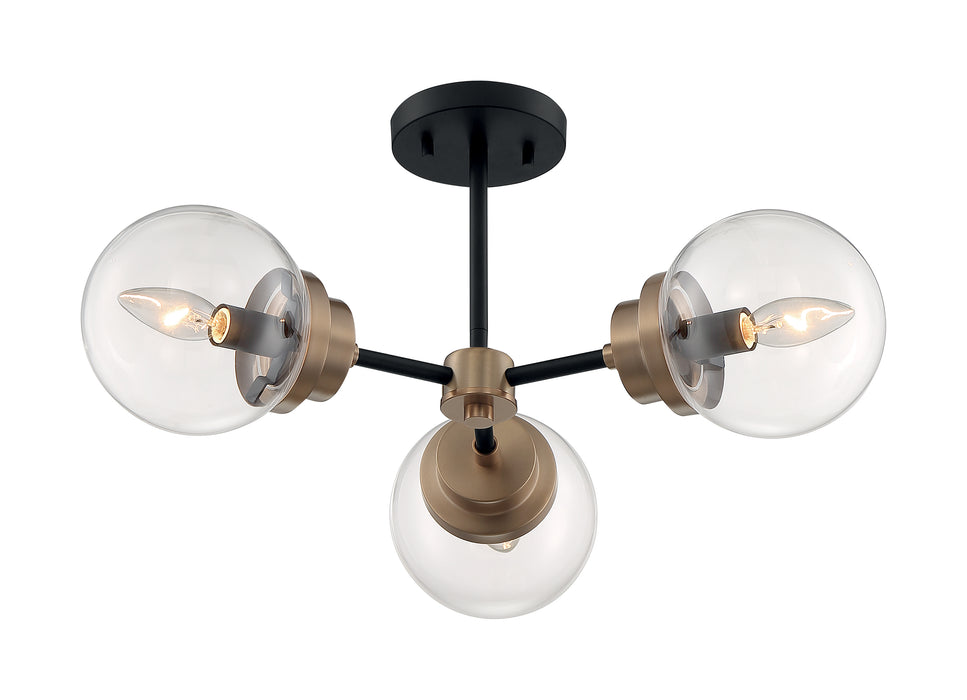 Axis Three Light Semi Flush Mount in Matte Black / Brass Accents