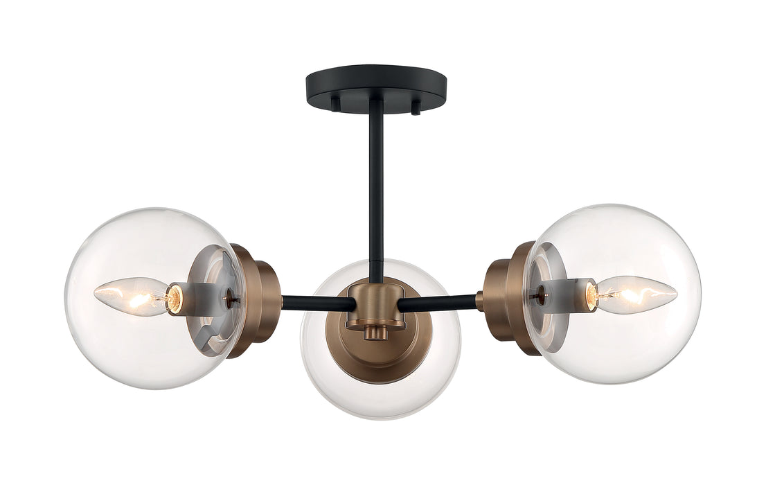 Axis Three Light Semi Flush Mount in Matte Black / Brass Accents