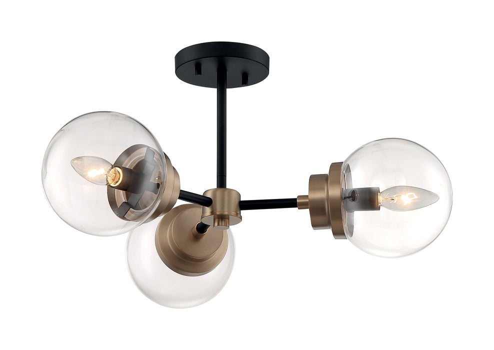 Axis Three Light Semi Flush Mount in Matte Black / Brass Accents