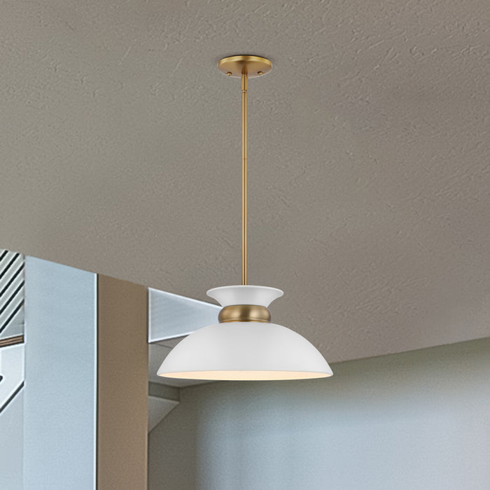 Perkins One Light Pendant in Matte White / Burnished Brass