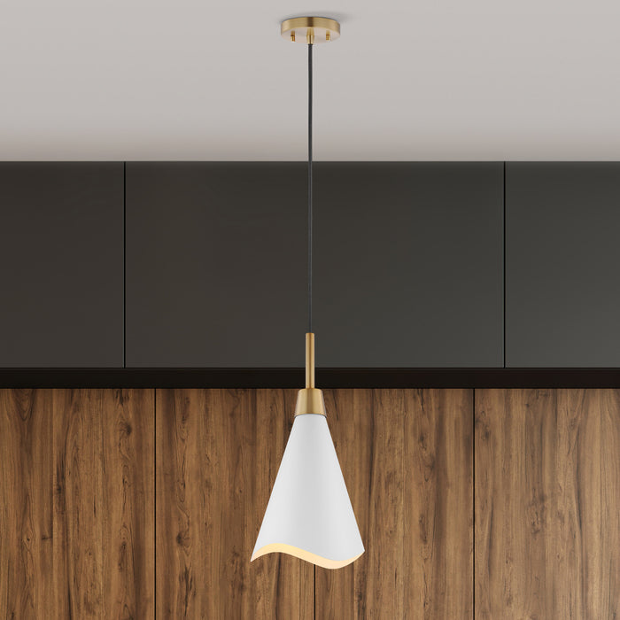 Tango One Light Pendant in Matte White / Burnished Brass