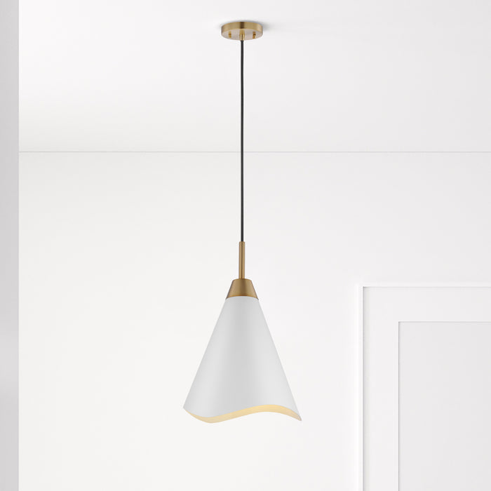 Tango One Light Pendant in Matte White / Burnished Brass