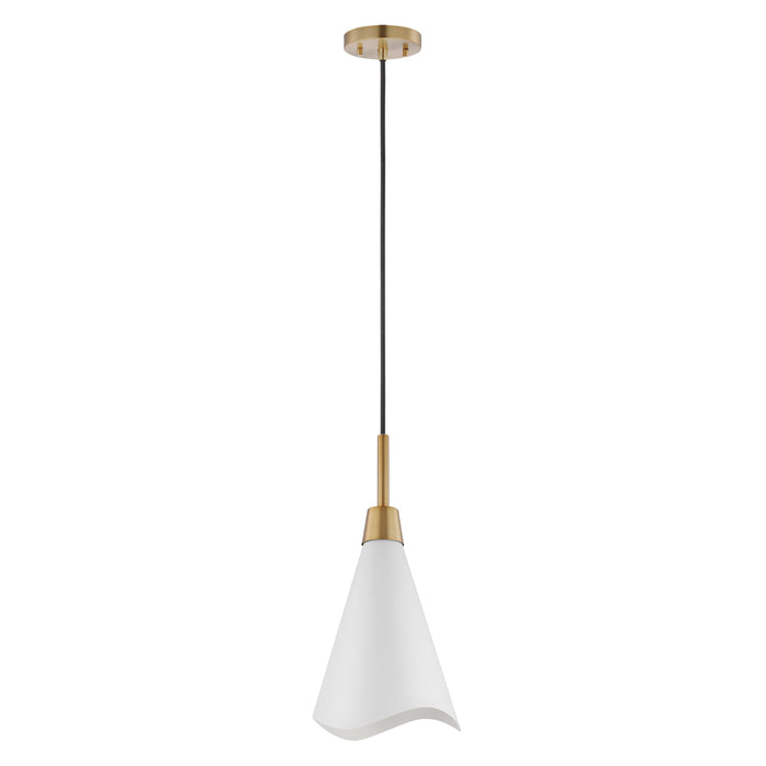 Tango One Light Pendant in Matte White / Burnished Brass