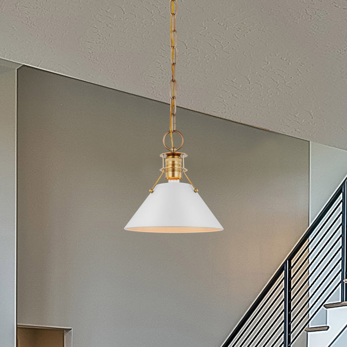 Outpost One Light Pendant in Matte White / Burnished Brass