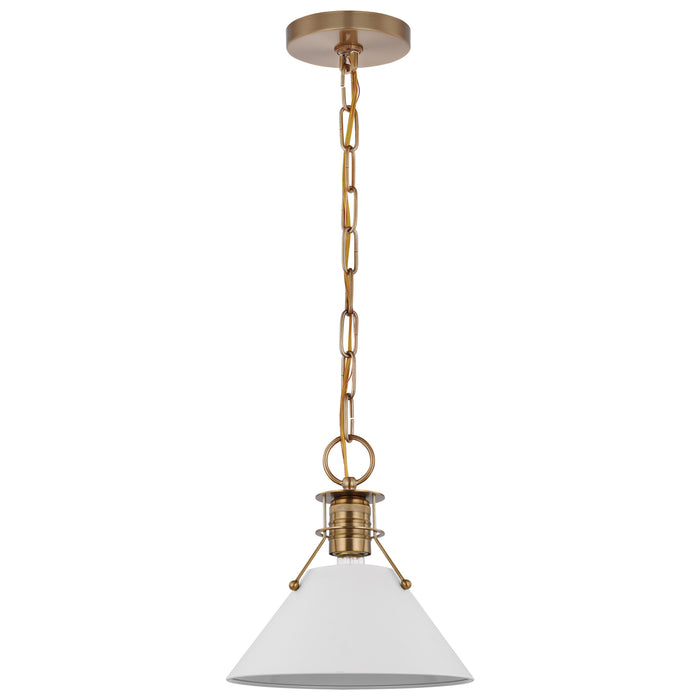 Outpost One Light Pendant in Matte White / Burnished Brass