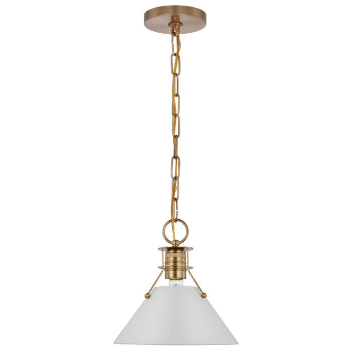 Outpost One Light Pendant in Matte White / Burnished Brass