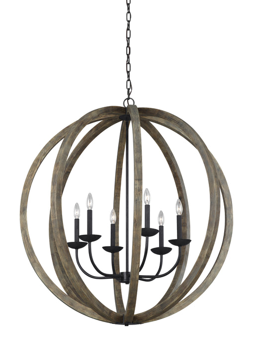 Myhouse Lighting Visual Comfort Studio - F3186/6WOW/AF - Six Light Pendant - Allier - Weathered Oak Wood / Antique Forged Iron