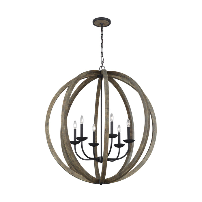 Myhouse Lighting Visual Comfort Studio - F3186/6WOW/AF - Six Light Pendant - Allier - Weathered Oak Wood / Antique Forged Iron