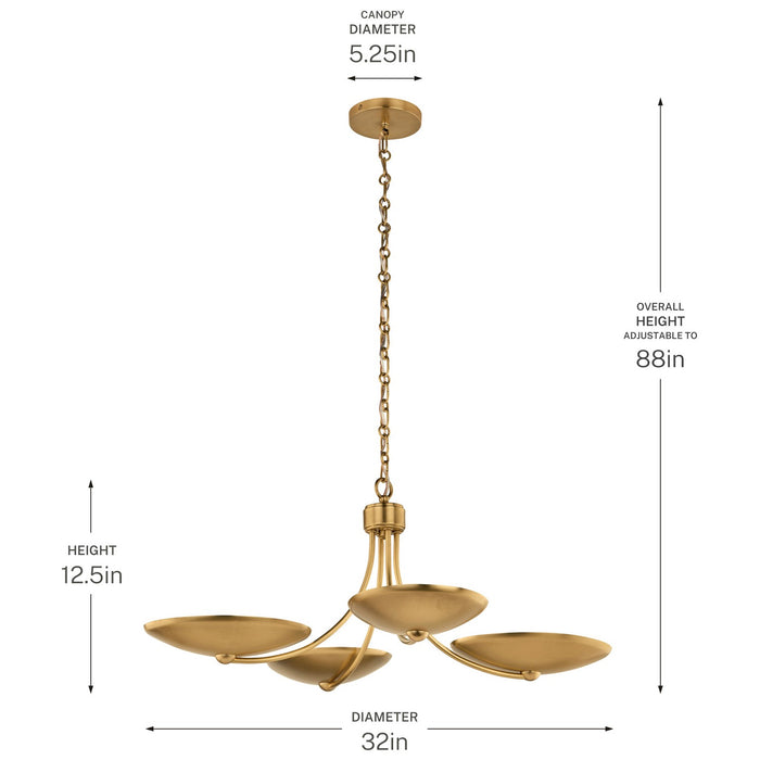Myhouse Lighting Kichler - 52854LBR - Four Light Chandelier/Semi Flush - Palmela - Lacquered Brass